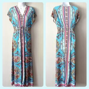 Boston Proper Scarf Border Print Blue‎ & Pink Maxi Dress Women's Size Small
